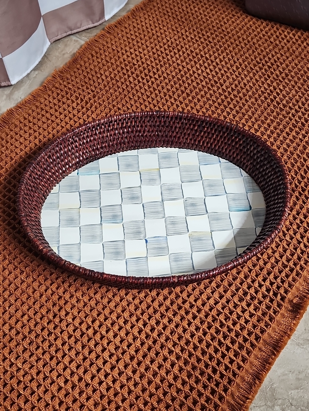 MacKenzie-Childs Oval Woven Serving Tray in Dark Brown with White Check Base